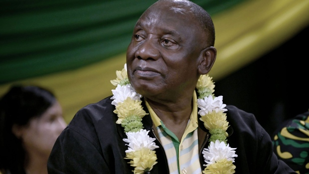 Cyril Ramaphosa, president of the African National Congress (ANC), during an election campaign at Mellowood community hall in KwaDukuza in KwaZulu Natal province, South Africa, on Saturday, April 20, 2024. Opinion polls suggest voters may punish the ANC in May 29 elections by denying it a parliamentary majority for the first time, thrusting the country into a new era of coalition politics. Photographer: Leon Sadiki/Bloomberg