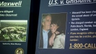 A photograph of Ghislaine Maxwell and Jeffrey Epstein is displayed during a news conference at the U.S. Attorney's Office in New York on July 2, 2020.