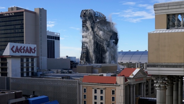The former Trump Plaza casino is imploded on Wednesday, Feb. 17, 2021, in Atlantic City, N.J. 