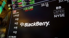 A monitor displays Blackberry Ltd. signage on the floor of the New York Stock Exchange (NYSE) in New York, U.S., on Friday, Oct. 5, 2018. A severe sell-off in technology stocks has pushed the front-month VIX futures contract to a premium relative to the second-month contract. Photographer: Michael Nagle/Bloomberg