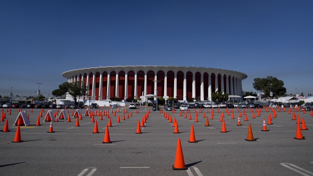 Traffic cones in the parking lot of a Covid-19 mass vaccination site at The Forum arena in Inglewood, California.