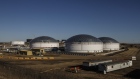 TC Energy Corp. oil storage tanks are seen in Hardisty, Alberta, Canada, on Tuesday, April 21, 2020. Since the start of the year, oil prices have plunged after the compounding impacts of the coronavirus and a breakdown in the original OPEC+ agreement. Photographer: Jason Franson/Bloomberg