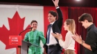 Justin Trudeau, Canada's prime minister, takes the stage with his wife Sophie Gregoire and their children Xavier and Ella-Grace during a Liberal Party election night event in Montreal, Quebec, Canada, in the early hours of Tuesday, Sept. 21, 2021. Trudeau won a third term in Canada's snap election but fell short of regaining the majority he was seeking, with a persistently divided electorate returning another fragmented parliament. Photographer: David Kawai/Bloomberg