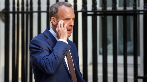 Dominic Raab, U.K. foreign secretary, arrives for a weekly meeting of cabinet ministers at number 10 Downing Street in London, U.K., on Tuesday, Sept. 7, 2021. U.K. Prime Minister Boris Johnson will announce his long-awaited plan to reform social care on Tuesday, risking a major row with his own party over a potential tax rise that could hit young people hardest.