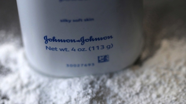 SAN FRANCISCO, CA - JULY 13: In this photo illustration, a container of Johnson's baby powder made by Johnson and Johnson sits on a table on July 13, 2018 in San Francisco, California. A Missouri jury has ordered pharmaceutical company Johnson and Johnson to pay $4.69 billion in damages to 22 women who claim that they got ovarian cancer from Johnson's baby powder. (Photo by Justin Sullivan/Getty Images) Photographer: Justin Sullivan/Getty Images North America