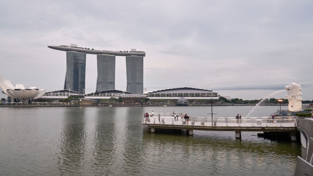 The Marina Bay Sands beyond Merlion Park in the central business district of Singapore.