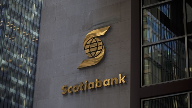 Bank of Nova Scotia signage is displayed outside Scotia Plaza in Toronto.