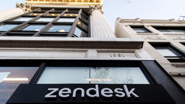 Signage is displayed at Zendesk Inc. headquarters in San Francisco, California, U.S., on Wednesday, Oct. 2, 2019. Zendesk fell 5.6% yesterday as its sector declined. Trading in the company's put options was double the average. Photographer: David Paul Morris/Bloomberg