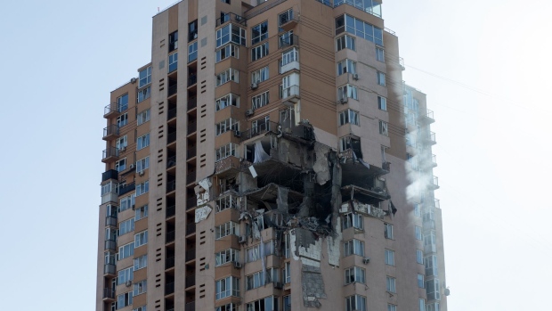A damaged residential building following Russian missile strikes in Kyiv on Feb. 26. Photographer: Erin Trieb/Bloomberg