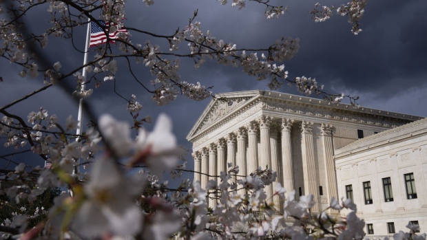 Cherry blossoms near the U.S. Supreme Court in Washington, D.C., U.S., on Monday, March 28, 2022. The Senate's plans to vote last week on legislation to strip Russia of its trade status with the U.S. were scuttled by a dispute over the language of a human rights provision.