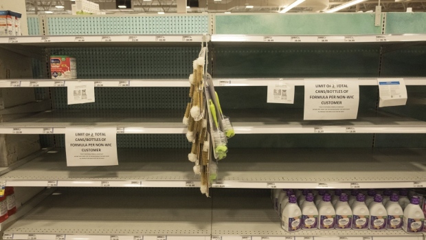Nearly empty shelves in the baby formula aisle of a grocery store in Detroit, Michigan, US, on Thursday, May 19, 2022. A leading House Democrat plans to grill the Food and Drug Administration’s chief about plans to reopen an Abbott Laboratories infant formula plant without first addressing a whistle-blower’s allegations.