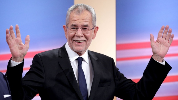 Alexander Van der Bellen, presidential candidate of Austria's Green Party, reacts after a TV debate in Vienna, Austria, on Sunday, Dec. 4, 2016. A Green Party-backed independent, Van der Bellen, defeated the Freedom Party's Norbert Hofer to become Austria's next president, beating off a challenge by an anti-immigration candidate who had threatened to sour Austria's ties to the European Union.