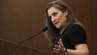 Chrystia Freeland speaks at a news conference in Ottawa on Feb. 17, 2022.
