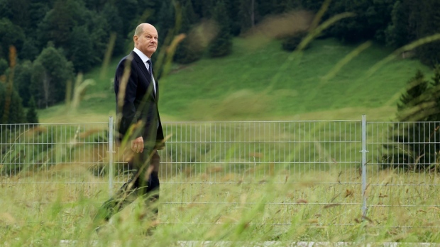 Olaf Scholz departs following his closing news conference on the final day of the Group of Seven (G-7) leaders summit in Elmau, Germany, on June 28.