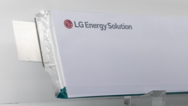 An LG Energy Solution Co. battery cell for electric vehicle (EV) at the InterBattery 2021 in Seoul, South Korea, on Wednesday, June 9, 2021. Global electric-vehicle battery sales more than doubled in the first four months of the year as the switch to environmentally-friendly cars gathers pace.