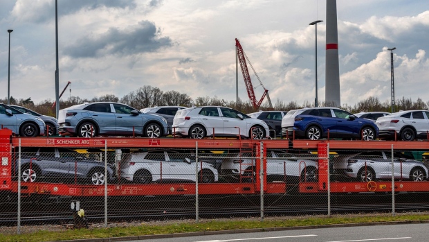 Newly-manufactured electric vehicles (EV) loaded on a freight train for shipping at the Volkswagen AG (VW) electric automobile plant in Zwickau, Germany, on Tuesday, April 26, 2022. VW, the world's biggest automaker, is scheduled to announce earnings on May 4.