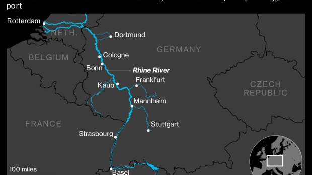 A barge travels past exposed riverbed on the River Rhine in Kaub, Germany, on Friday, Aug. 12, 2022. The Rhine River fell to a new low on Friday, further restricting the supply of vital commodities to parts of inland Europe as the continent battles with its worst energy crisis in decades.