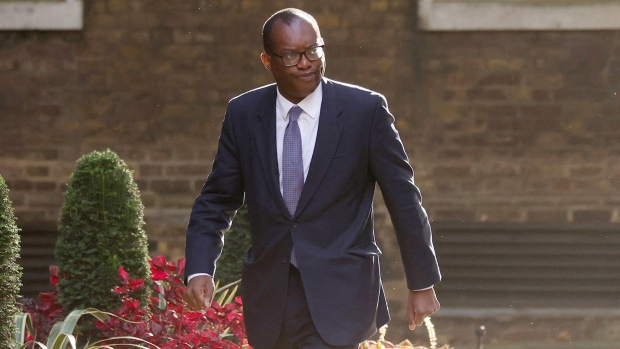 Kwasi Kwarteng arrives in Downing Street for the first cabinet meeting after Liz Truss took office as the new Prime Minister on September 07, 2022 in London, England.