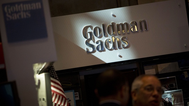 The Goldman Sachs & Co. logo booth on the floor of the New York Stock Exchange. Photographer: Scott Eells