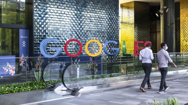 The company signage at the Asia-Pacific headquarters of Google LLC., in Singapore, on Monday, Aug. 22, 2022. Google has grown its local staff to 3,000 and built infrastructure including subsea cablesconnecting the finance hub to the US and beyond, since opening its first Singapore office in 2007 with 24 people.