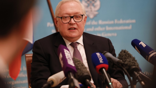 Sergei Ryabkov, Russia's deputy foreign minister, speak during a news conference in Geneva, Switzerland, on Monday, Jan. 10, 2022. Officials from Russia and the U.S. are holding security talks in Geneva, with a Russia-NATO council meeting also on the slate for this week, plus talks in Vienna under the Organization for Security and Cooperation in Europe.