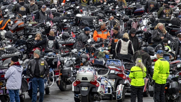 HOLMDEL, NEW JERSEY - NOVEMBER 11: Veterans and other members of the public take part in a motorcycle rally for a ceremony at the New Jersey Vietnam Veterans Memorial on November 11, 2020 in Holmdel, New Jersey. Many Veterans Day events throughout the country have been canceled this year due to COVID-19. (Photo by Michael Loccisano/Getty Images) Photographer: Michael Loccisano/Getty Images North America