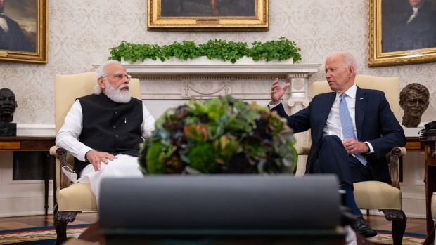WASHINGTON, DC - SEPTEMBER 24: U.S. President Joe Biden (R) and Indian Prime Minister Narendra Modi participate in a bilateral meeting in the Oval Office of the White House on September 24, 2021 in Washington, DC. President Biden is hosting a Quad Leaders Summit later today with Prime Minister Modi, Australian Prime Minister Scott Morrison and Japanese Prime Minister Suga Yoshihide. (Photo by Sarahbeth Maney-Pool/Getty Images)