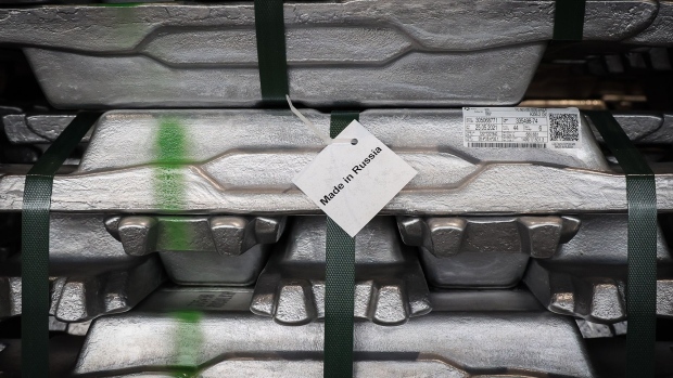A 'Made in Russia' tag on a bound stack of aluminium ingots in Sayanogorsk, Russia.