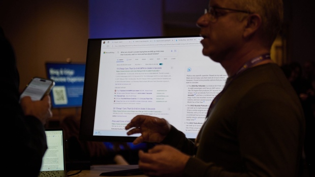 A demonstration of the AI-powered Microsoft Bing search engine and Edge browser in Redmond, Washington, on Feb. 7. Photographer: Chona Kasinger/Bloomberg