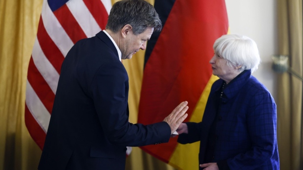 Janet Yellen, U.S. Treasury secretary, right, meets Robert Habeck, Germany's economy minister, at the Treasury Department in Washington, D.C., U.S., on Tuesday, March 1, 2022. Germany is getting ready to prolong the use of coal as the country seeks to reduce its reliance on Russian energy in the aftermath of Moscow's invasion of Ukraine. Photographer: Ting Shen/Bloomberg
