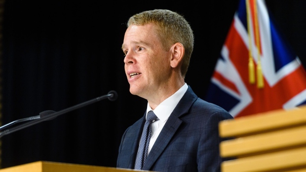 Chris Hipkins, New Zealand's incoming prime minister, during a news conference at the executive wing of the Parliamentary complex, commonly referred to as the "Beehive," in Wellington, New Zealand, on Sunday, Jan. 22, 2023. New Zealand’s ruling Labour Party confirmed that Chris Hipkins will replace Jacinda Ardern as its leader and therefore become the nation’s next prime minister. Photographer: Mark Coote/Bloomberg