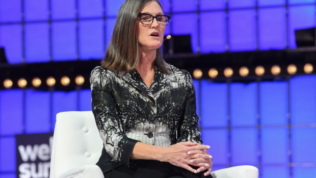 Catherine Wood, chief executive officer of ARK Investment Management LLC, speaks during a session at the Web Summit in Lisbon, Portugal, on Wednesday, Nov. 2, 2022. The Web Summit runs from 1-4 November.