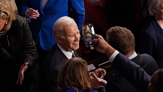 Joe Biden arrives to deliver the State of the Union address at the US Capitol. Photographer: Nathan Howard/Bloomberg