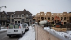 Townhouses under construction in Vaughan, Canada, on Tuesday, Dec. 20. 2022. Canadian home prices fell for a ninth straight month as sharply rising interest rates prompted both buyers and sellers to withdraw from the market heading into the traditionally slower winter season.