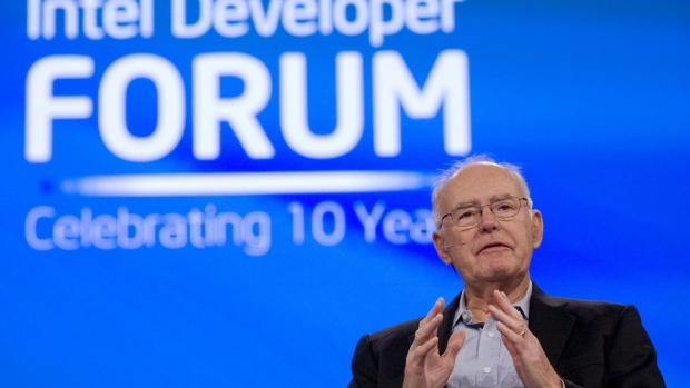 Gordon Moore, chairman emeritus and co-founder of Intel Corp., speaks during the Intel Developer Forum 2007 in San Francisco, California, U.S., on Tuesday, Sept. 18, 2007.  Intel Corp. sped up plans to sell a new line of faster computer processors and showed off the tiniest transistors yet, extending the world's biggest chipmaker's lead over Advanced Micro Devices Inc.  Photographer:  Kimberly White/Bloomberg News