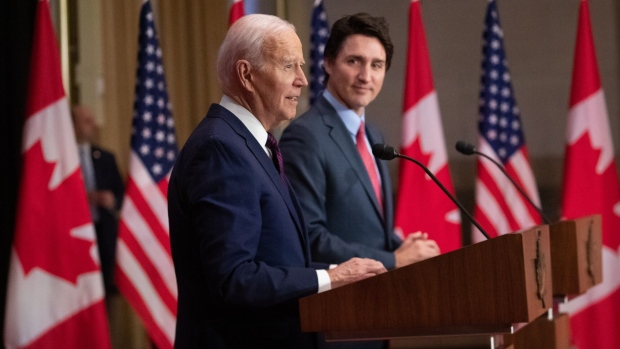 US President Joe Biden, left, and Justin Trudeau, Canada's prime minister, during a joint press conference on Parliament Hill in Ottawa, Ontario, Canada, on Friday, March 24, 2023. The encounter is expected to present a show of unity among close allies who mostly agree on the war in Ukraine, trade, climate and security issues. Photographer: David Kawai/Bloomberg