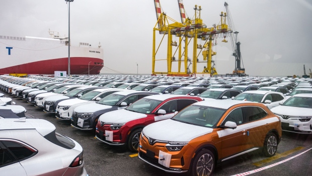 VinFast electric vehicles bound for shipment at a port in Haiphong, Vietnam, on Friday, Nov. 25, 2022.