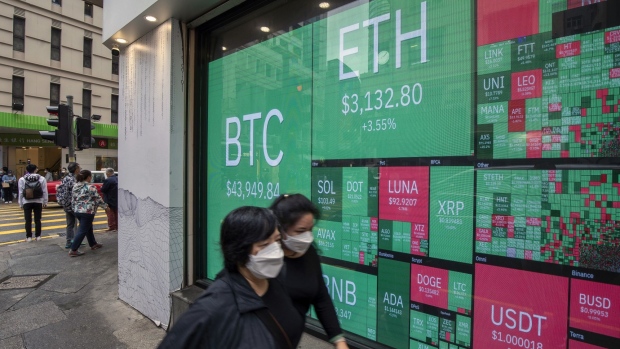 A digital screen displays the prices of cryptocurrencies in Hong Kong. hotographer: Paul Yeung/Bloomberg
