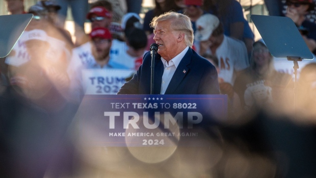 Former US President Donald Trump speaks at a campaign event in Waco, Texas, US, on Saturday, March 25, 2023. A defiant Trump railed against the investigations he faces and predicted he’d prevail during a rally in Waco that may be the former president’s last public appearance before he faces potential criminal charges. Photographer: Sergio Flores/Bloomberg