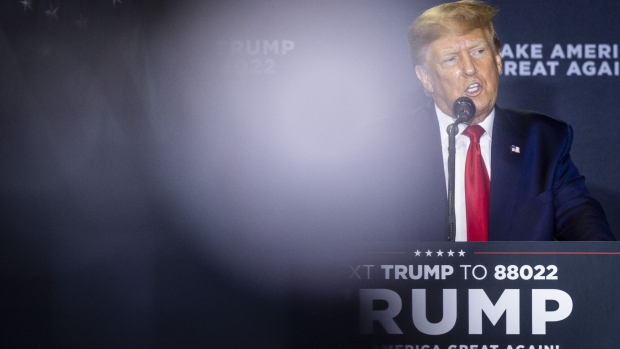 Former US President Donald Trump speaks at a campaign event in Manchester, New Hampshire, US, on Thursday, April 27, 2023. Trump is seeking to become the first former president since Grover Cleveland to be elected to a second, non-consecutive term in office.