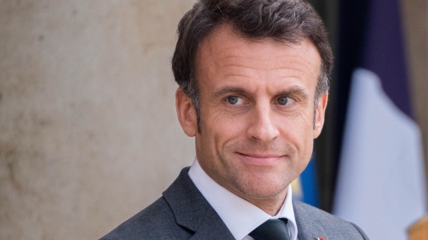 Emmanuel Macron, France's president, ahead of meeting with Sheikh Mohammed bin Zayed Al Nahyan, United Arab Emirate's president, not pictured, at the Elysee Palace in Paris, France, on Thursday, May 11, 2023. France extended its lead over major European rivals in an annual ranking of destinations for foreign investment, giving President Emmanuel Macron a boost as he tries to emphasize his economic achievements after a politically damaging struggle to reform the pension system.
