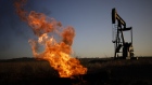 A natural gas flare burns near an oil pump jack at the New Harmony Oil Field in Grayville, Illinois, US, on Sunday, June 19, 2022. Top Biden administration officials are weighing limits on exports of fuel as the White House struggles to contain gasoline prices that have topped $5 per gallon.