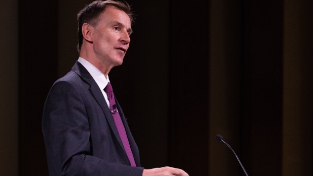 Jeremy Hunt, UK chancellor of the exchequer, delivers a speech at Bloomberg LP's European headquarters in London, UK, on Friday, Jan. 27, 2023. Hunt dismissed calls for tax cuts, warning that “sound money must come first” as he argued that Brexit will drive economic growth.