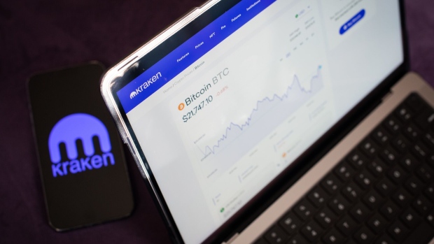 The Kraken website crypto prices page for Bitcoin on a laptop computer arranged in Hastings-on-Hudson, New York, US, on Friday, Feb. 10, 2023. Kraken will pay $30 million to settle Securities and Exchange Commission allegations that it broke the agency’s rules with its cryptoasset staking products and will discontinue them in the US as part of the agreement with the regulator.