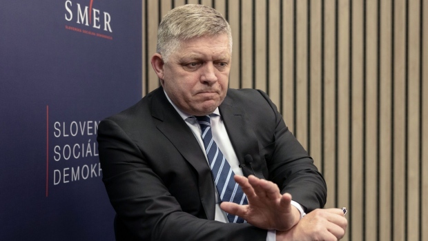 Robert Fico, chairman of the Slovak Social Democracy (SMER), during an interview at the party headquarters in Bratislava, Slovakia, on Tuesday, April 25, 2023. The former Slovak prime minister who could be set to return to power later this year said he would end the nation's arms deliveries to Ukraine and put a brake on some plans to introduce more sanctions on Russia.