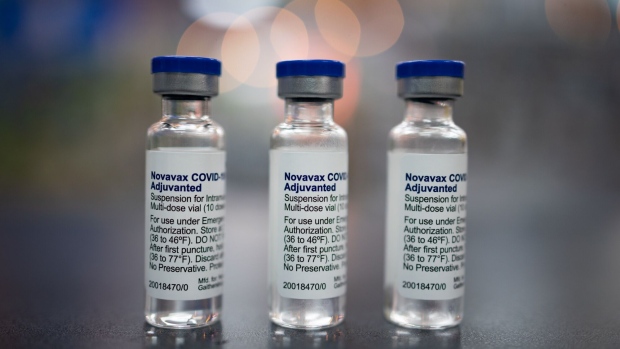 Vials of Novavax Covid-19 vaccines arranged at a pharmacy in Schwenksville, Pennsylvania, US, on Monday, Aug. 1, 2022. Novavax's protein-based Covid-19 vaccine received long-sought US emergency-use authorization in July, but use is likely to be limited.