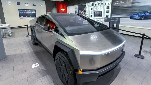 A Tesla Cybertruck at a Tesla store in San Jose, California, US, on Tuesday, Nov. 28, 2023. The first Cybertruck customers will receive the vehicles during a launch event at Tesla's Austin headquarters this week.