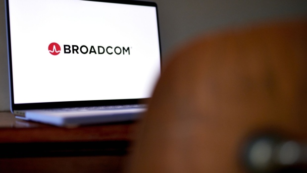 The Broadcom logo on a laptop arranged in New York, US, on Wednesday, Aug. 23, 2023. Broadcom Inc. is scheduled to release earnings figures on August 31. Photographer: Gabby Jones/Bloomberg