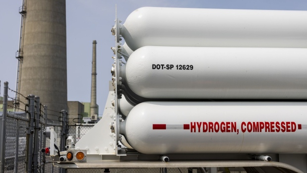 Hydrogen tanks in a storage area at the Constellation Nine Mile Point Nuclear Station in Scriba, New York, US, on Tuesday, May 9, 2023. Constellation Energy has paused its efforts to make hydrogen using nuclear power as the Biden administration considers limiting tax credits. Photographer: Lauren Petracca/Bloomberg