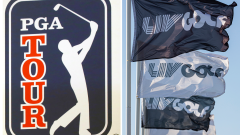 PGA Tour logo and LIV Golf Flags